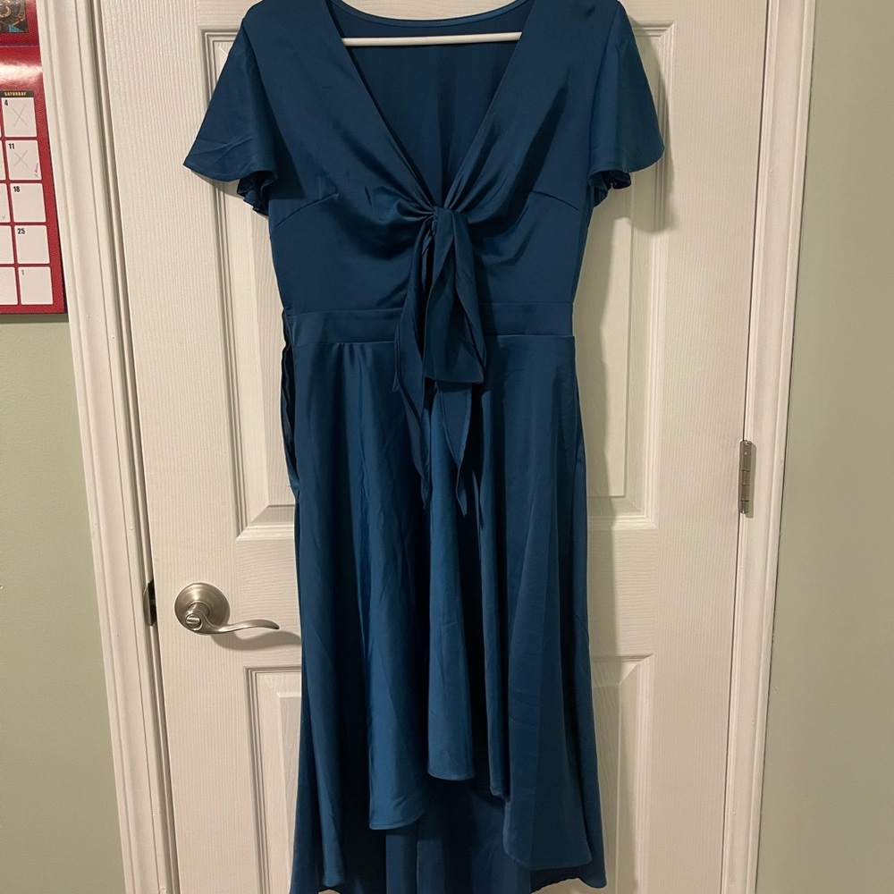 Blue High-Low Wrap Sundress with Flutter Sleeves